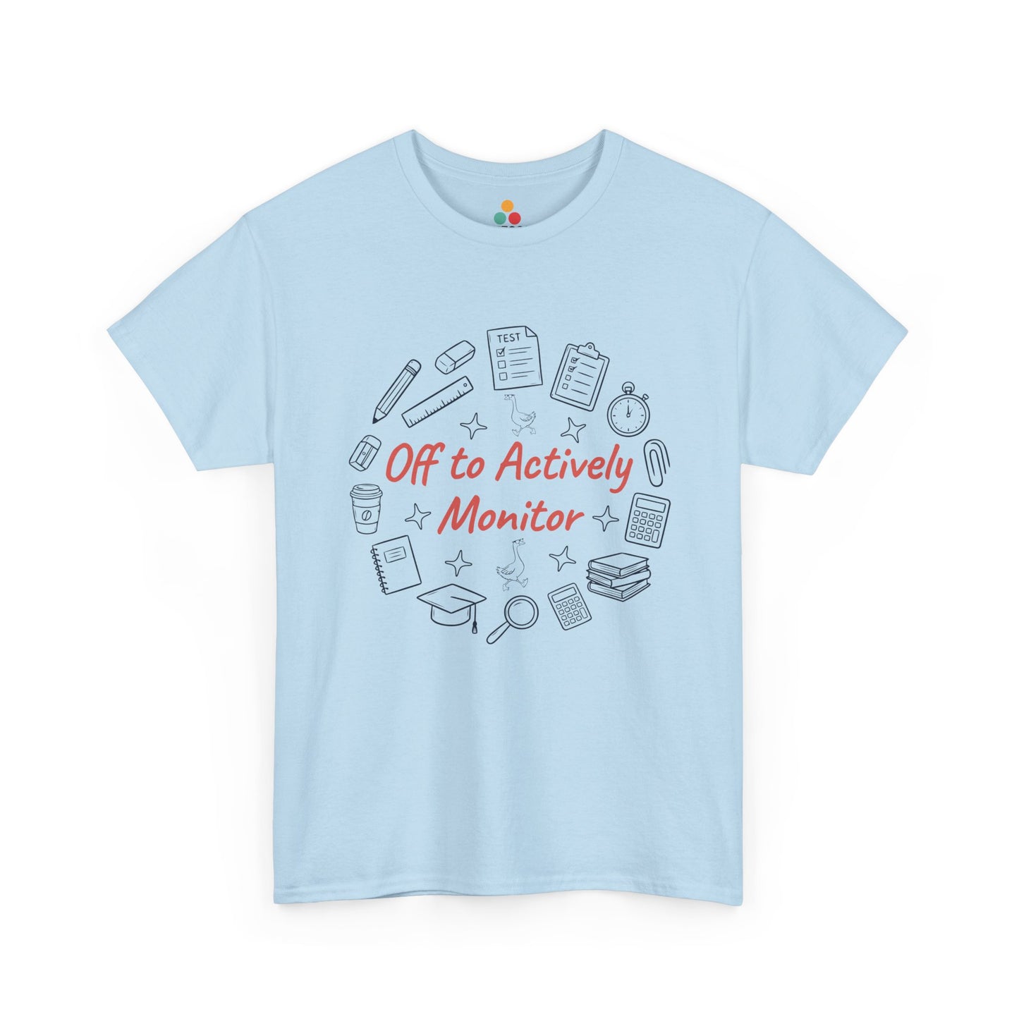 TEEZOCA t-shirt featuring Funny Teacher Shirt Actively Monitor Graphic Tee artwork with pencils, books, clipboard, and calculator doodles.
