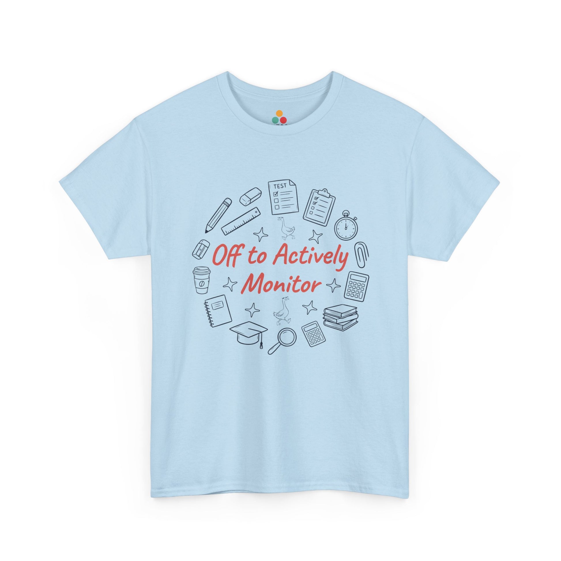 TEEZOCA t-shirt featuring Funny Teacher Shirt Actively Monitor Graphic Tee artwork with pencils, books, clipboard, and calculator doodles.

