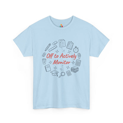 TEEZOCA t-shirt featuring Funny Teacher Shirt Actively Monitor Graphic Tee artwork with pencils, books, clipboard, and calculator doodles.
