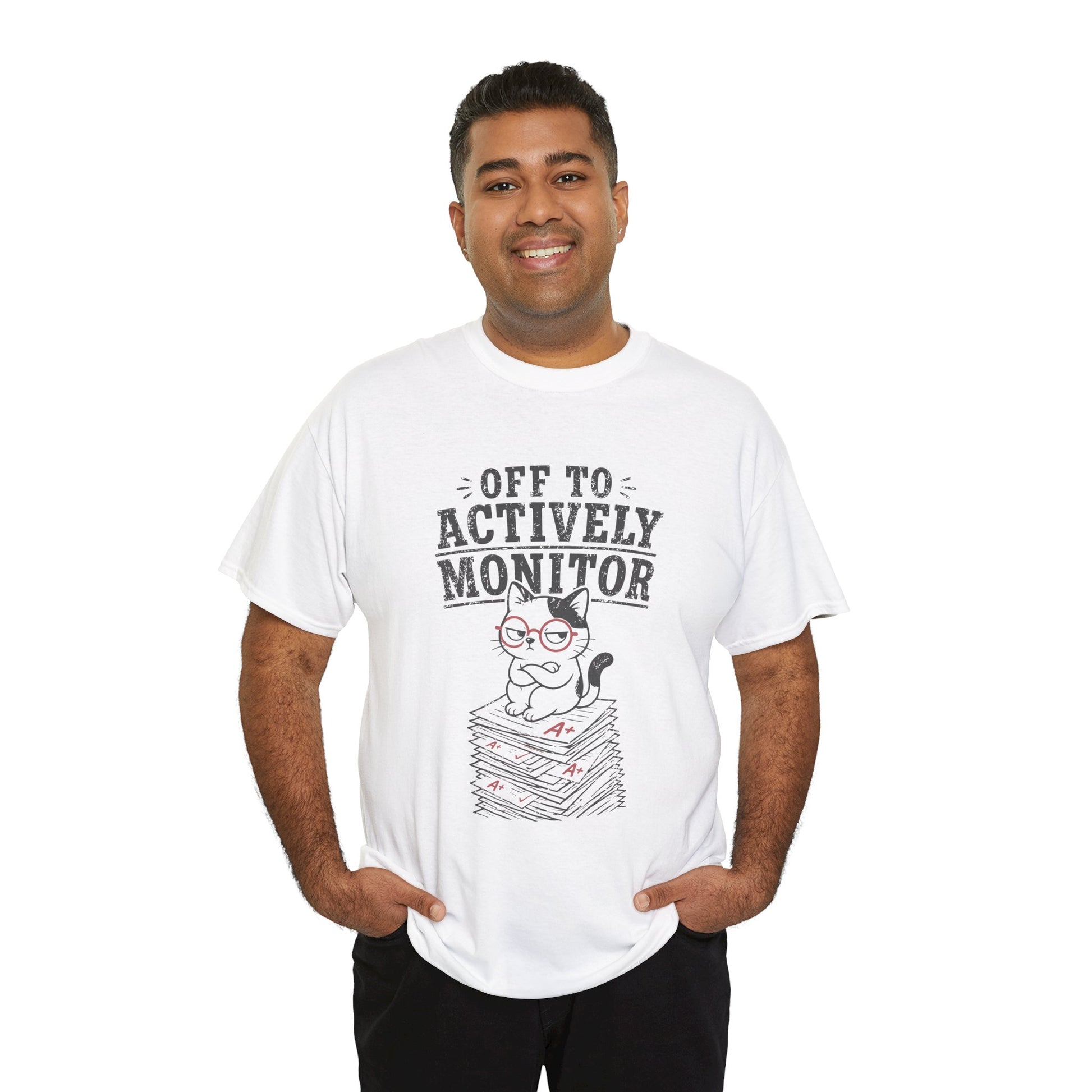 TEEZOCA t-shirt featuring Off To Actively Monitor Funny Cat Shirt Teacher Vintage artwork with a grumpy cat and classroom humor.
