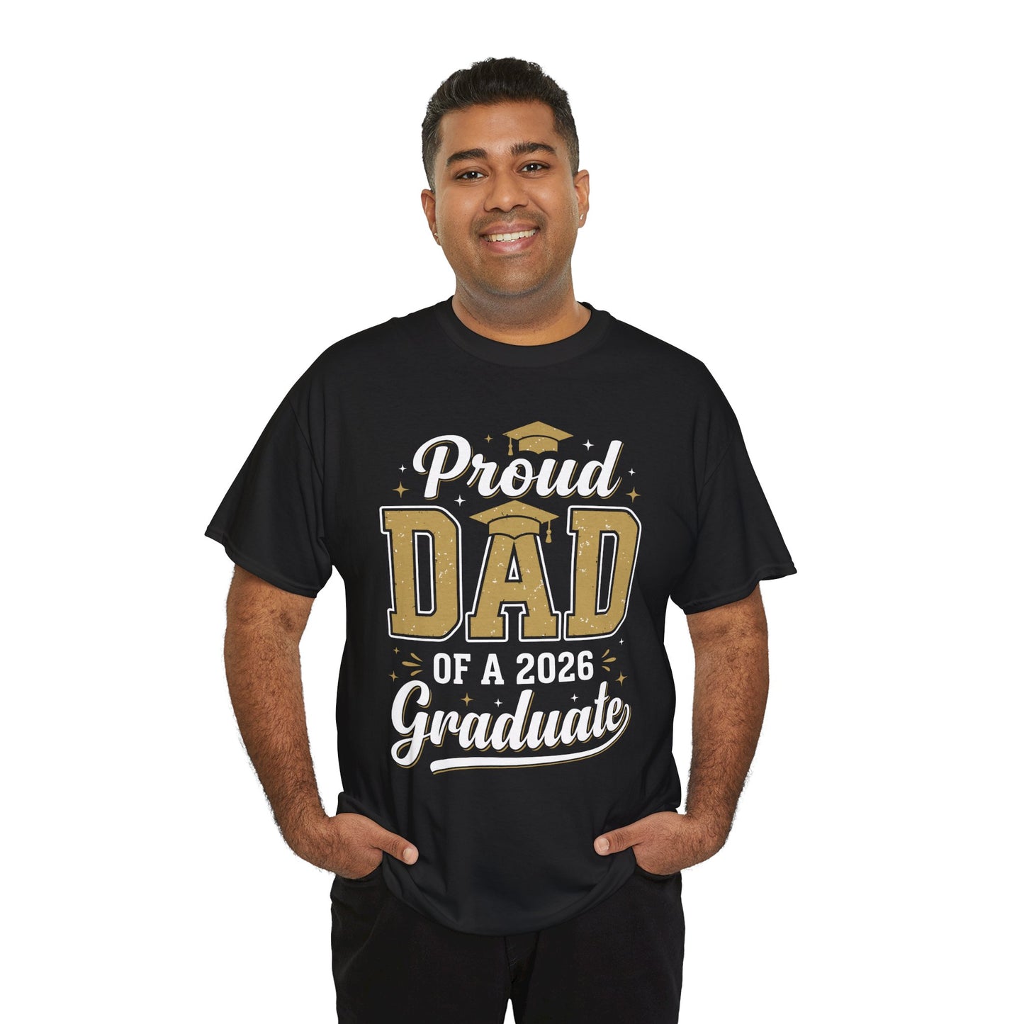 TEEZOCA t-shirt featuring Proud Dad of a 2026 Graduate Shirt artwork with elegant script, distressed gold letters, and cap detail.
