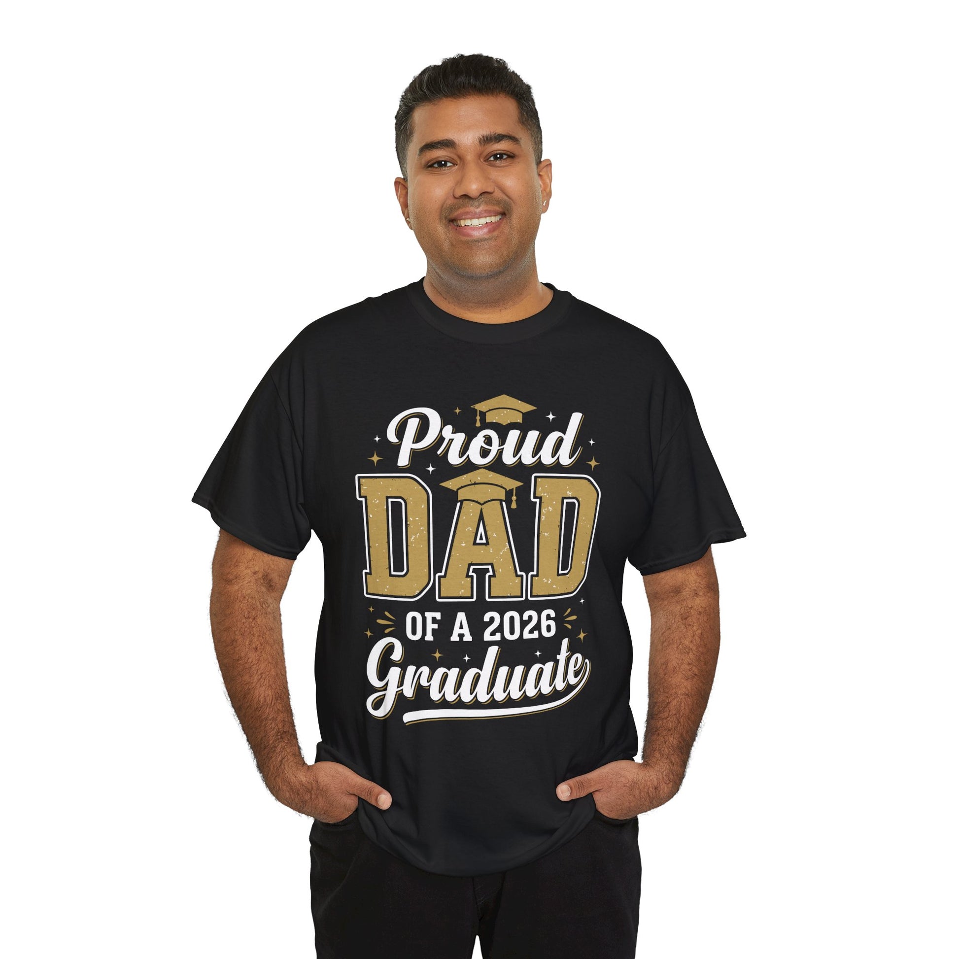 TEEZOCA t-shirt featuring Proud Dad of a 2026 Graduate Shirt artwork with elegant script, distressed gold letters, and cap detail.
