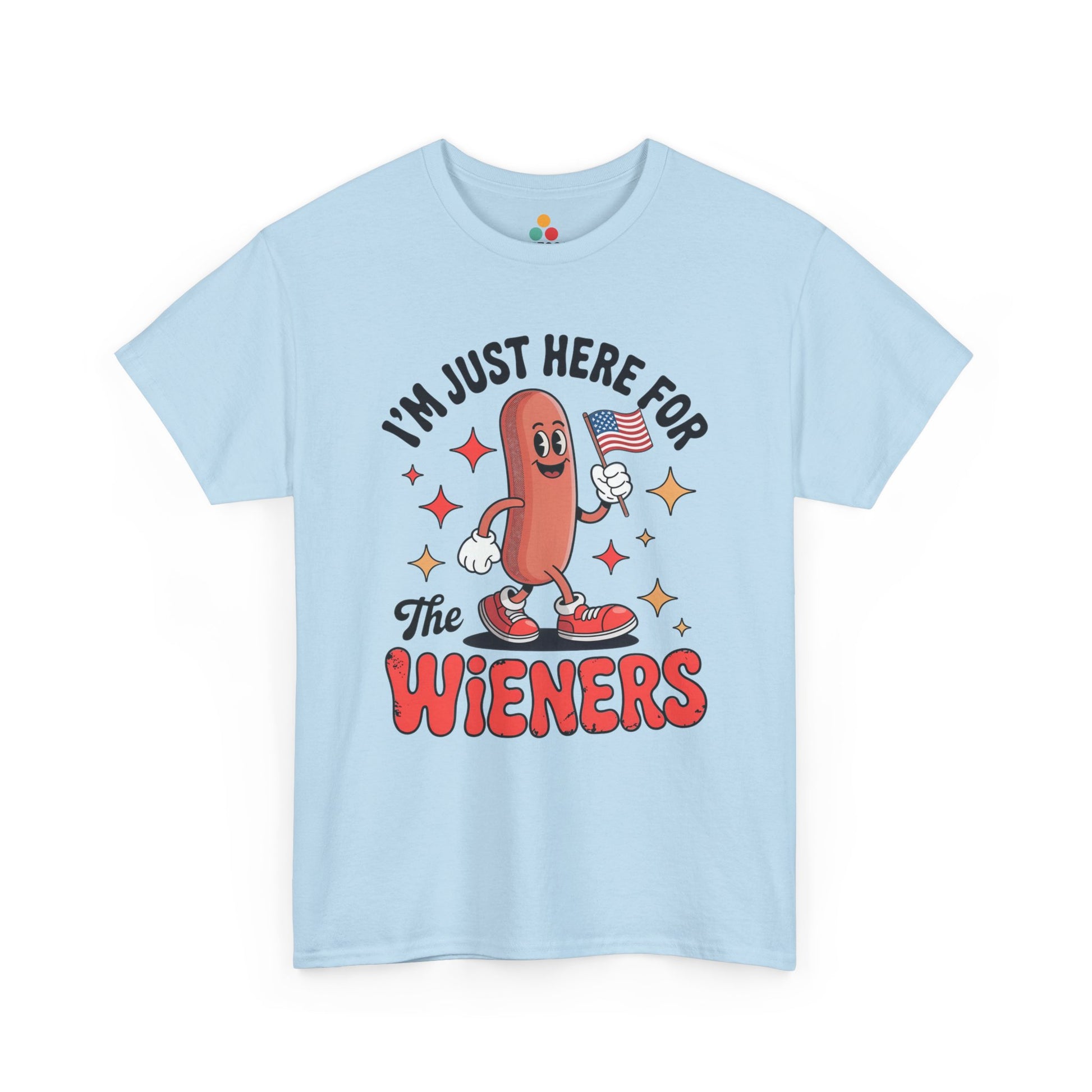 TEEZOCA t-shirt featuring a 4th of July Hot Dog Shirt design with a smiling hot dog, small American flag, stars, and I'm Just Here for the Wieners Shirt text.
