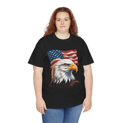 TEEZOCA t-shirt featuring a 4th of July Shirt design with a bald eagle portrait and waving American flag.
