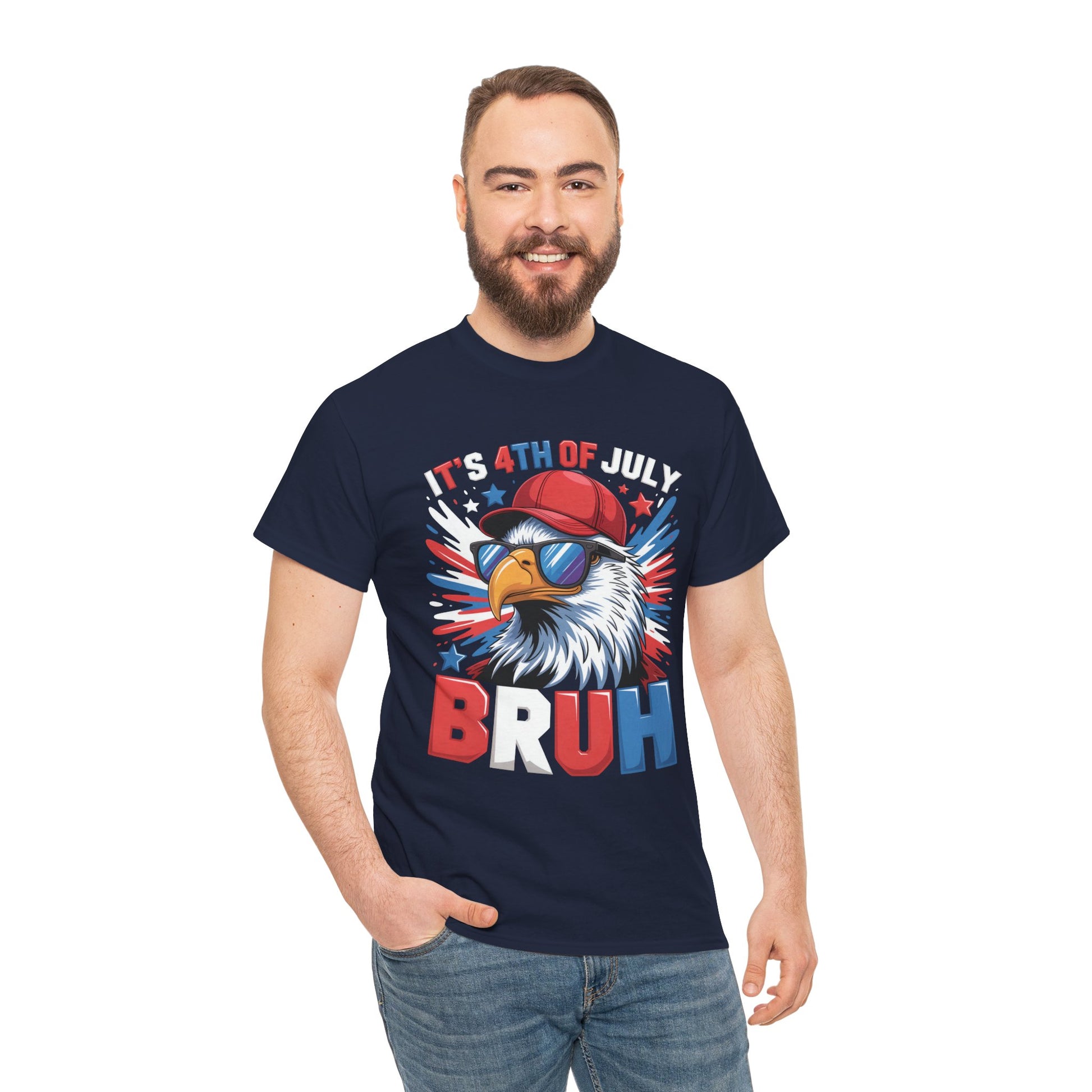 TEEZOCA t-shirt featuring a Funny 4th of July Shirt design with a sunglasses bald eagle, red cap, stars, and BRUH lettering.
