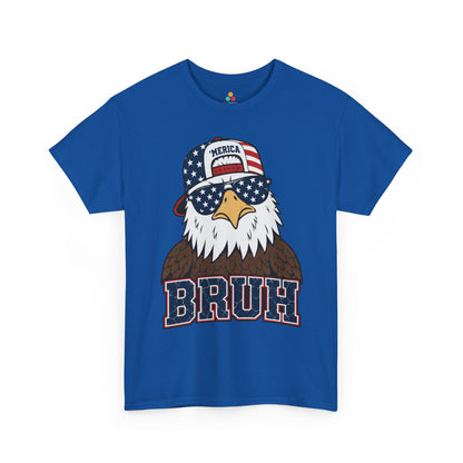 TEEZOCA t-shirt featuring a Merica bruh shirt design with a bald eagle, American flag cap, and oversized cracked blue letters.
