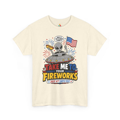 TEEZOCA t-shirt featuring a UFO shirt design with an alien, patriotic fireworks, and July 4th Earth Visit lettering.
