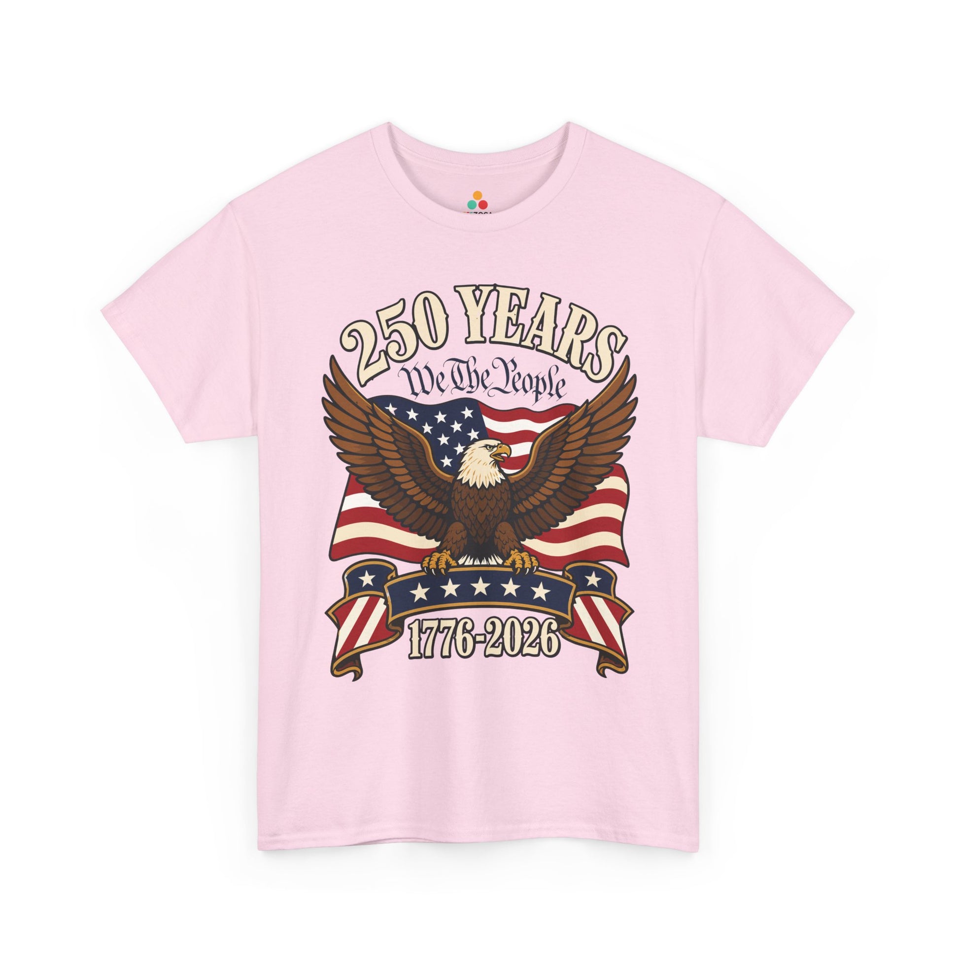 TEEZOCA t-shirt featuring an Eagle Flag Shirt design with bold wings, stars, stripes, and America 250 lettering.
