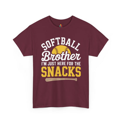 TEEZOCA t-shirt featuring funny softball shirt artwork with yellow softball, bat detail, and gold Snacks lettering.
