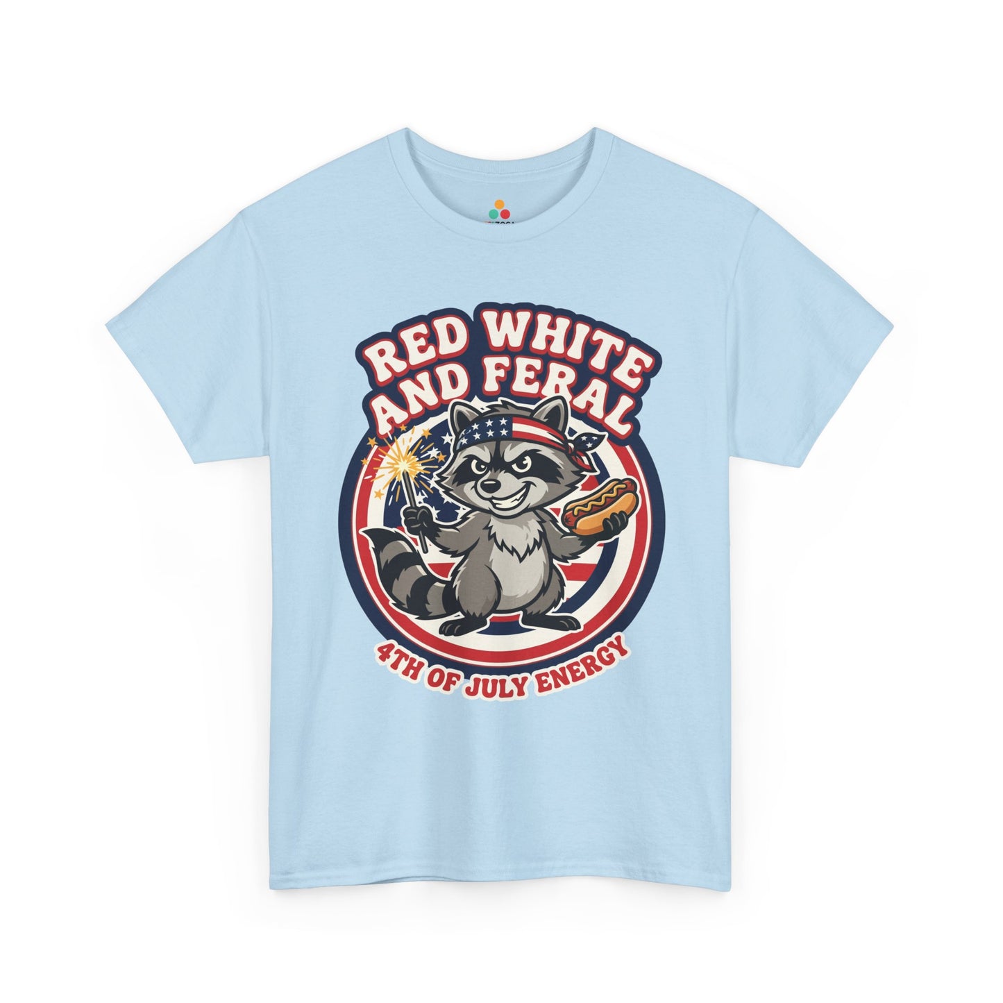 TEEZOCA t-shirt for 4th of July Graphic Tees shoppers with a raccoon, stars, stripes, and 4th of July Energy lettering.
