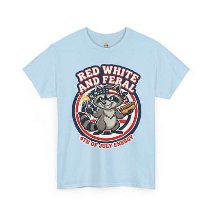 TEEZOCA t-shirt for 4th of July Graphic Tees shoppers with a raccoon, stars, stripes, and 4th of July Energy lettering.
