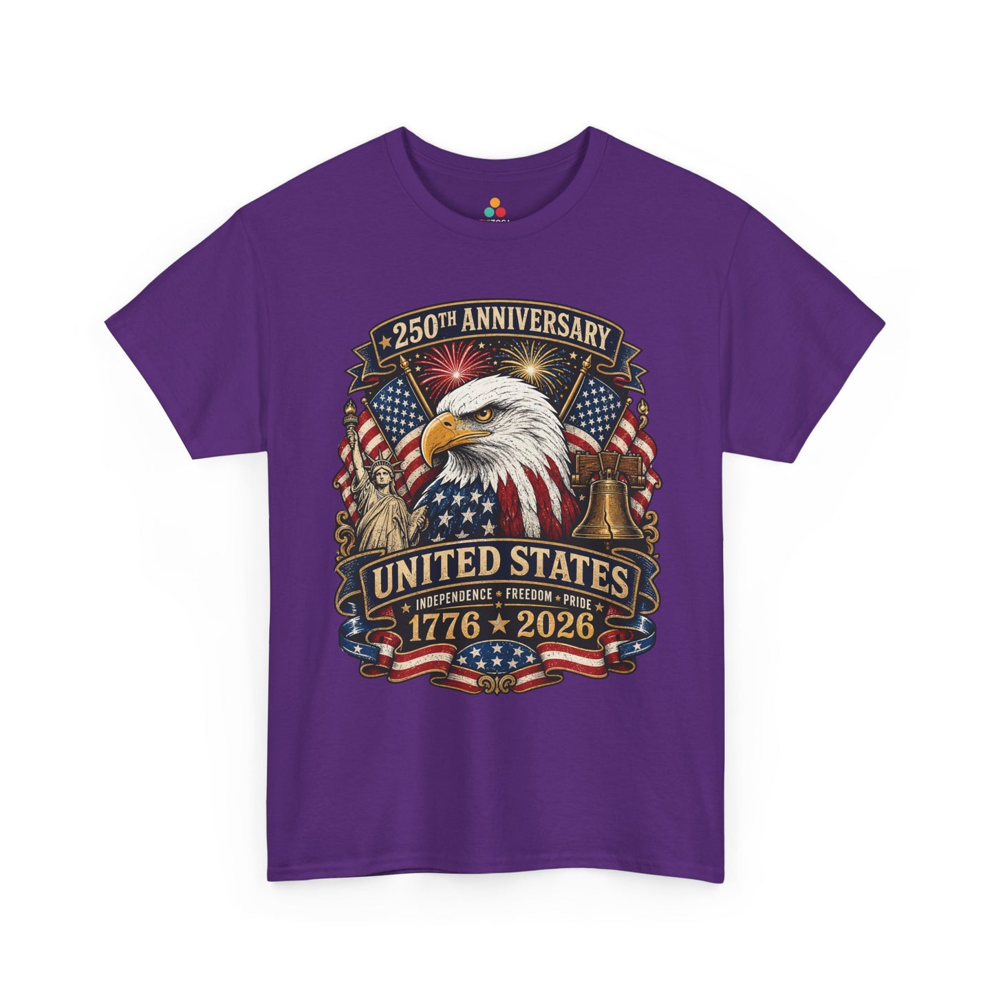 TEEZOCA t-shirt for America 250 celebrations with Liberty Bell shirt details, eagle artwork, and 1776 2026 commemorative lettering.
