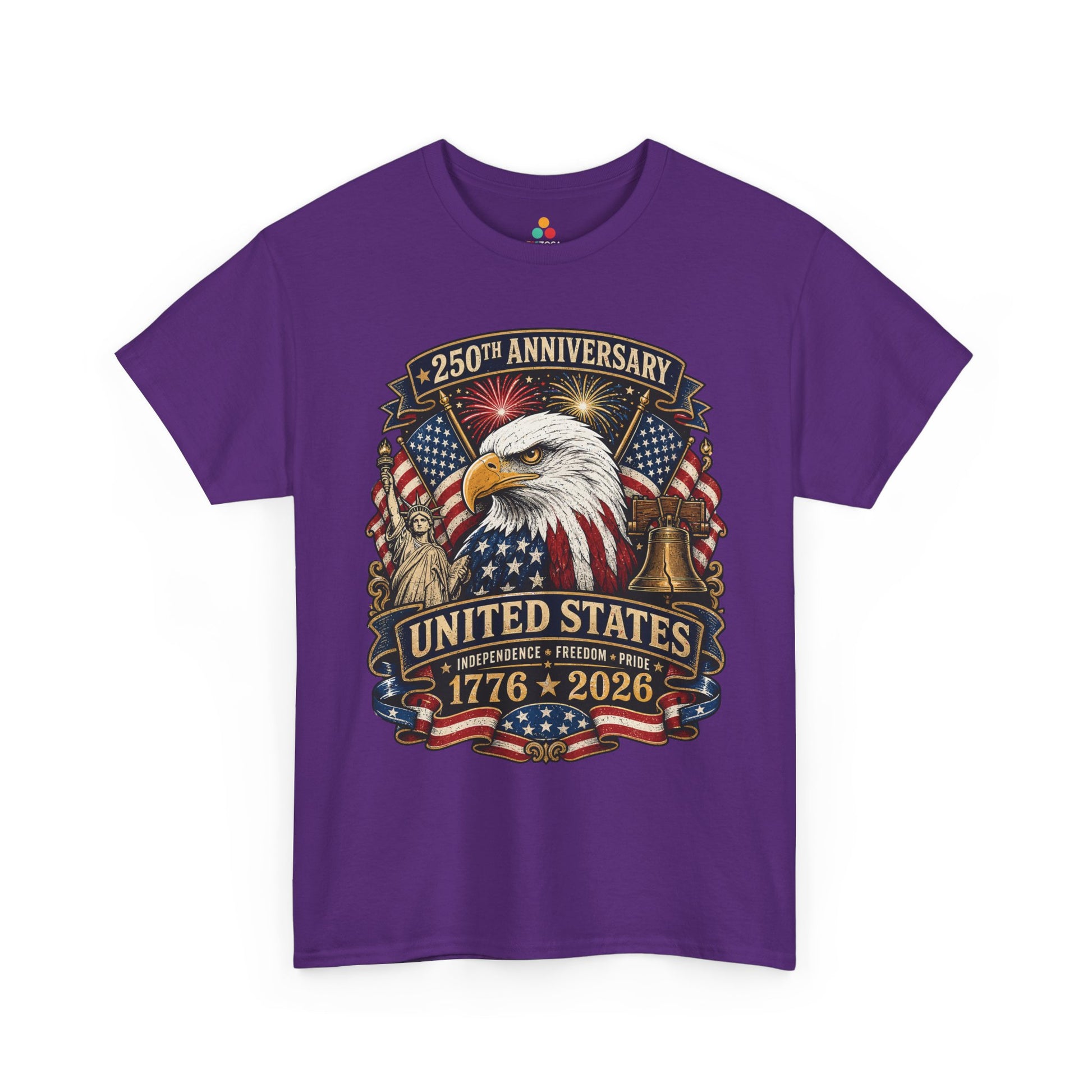 TEEZOCA t-shirt for America 250 celebrations with Liberty Bell shirt details, eagle artwork, and 1776 2026 commemorative lettering.
