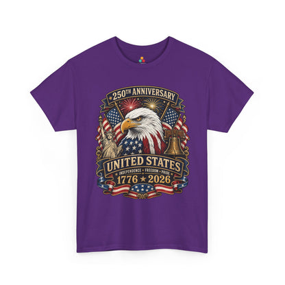 TEEZOCA t-shirt for America 250 celebrations with Liberty Bell shirt details, eagle artwork, and 1776 2026 commemorative lettering.
