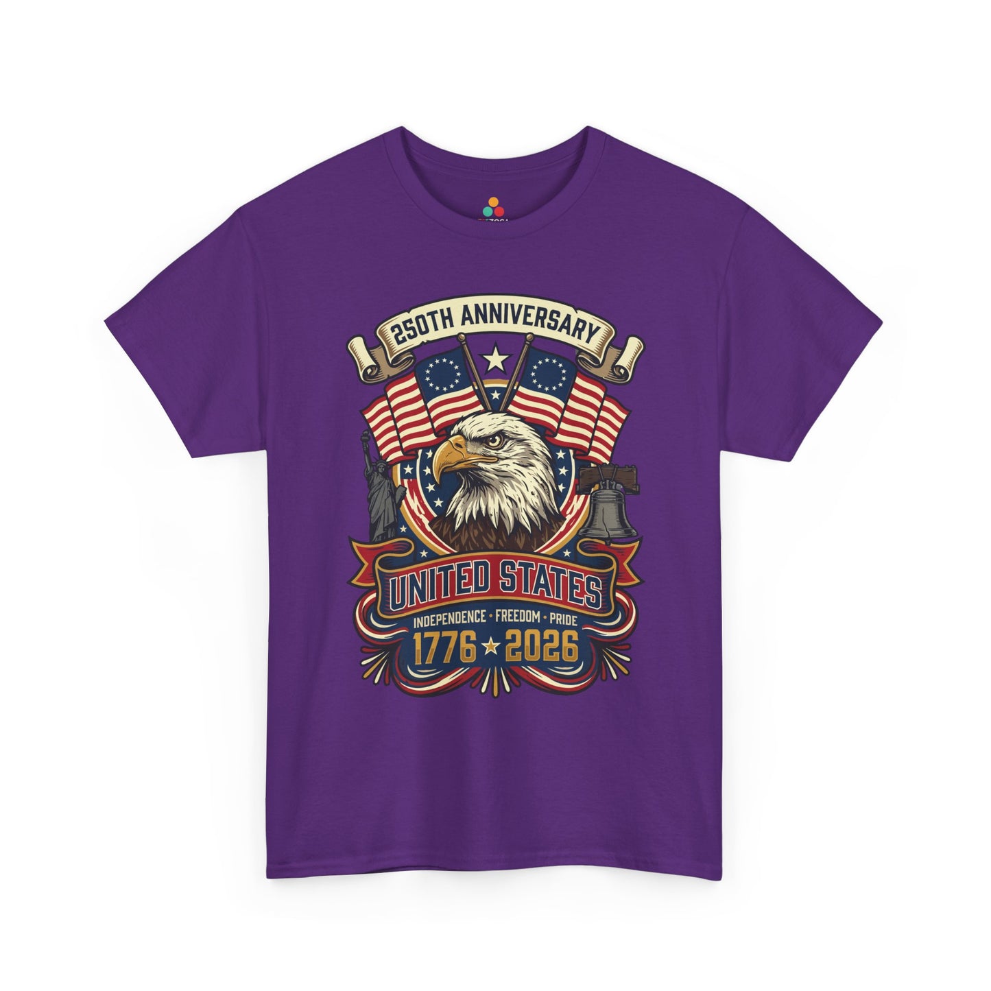 TEEZOCA t-shirt for Semiquincentennial celebrations with liberty bell shirt artwork, Betsy Ross flags, and American pride message.
