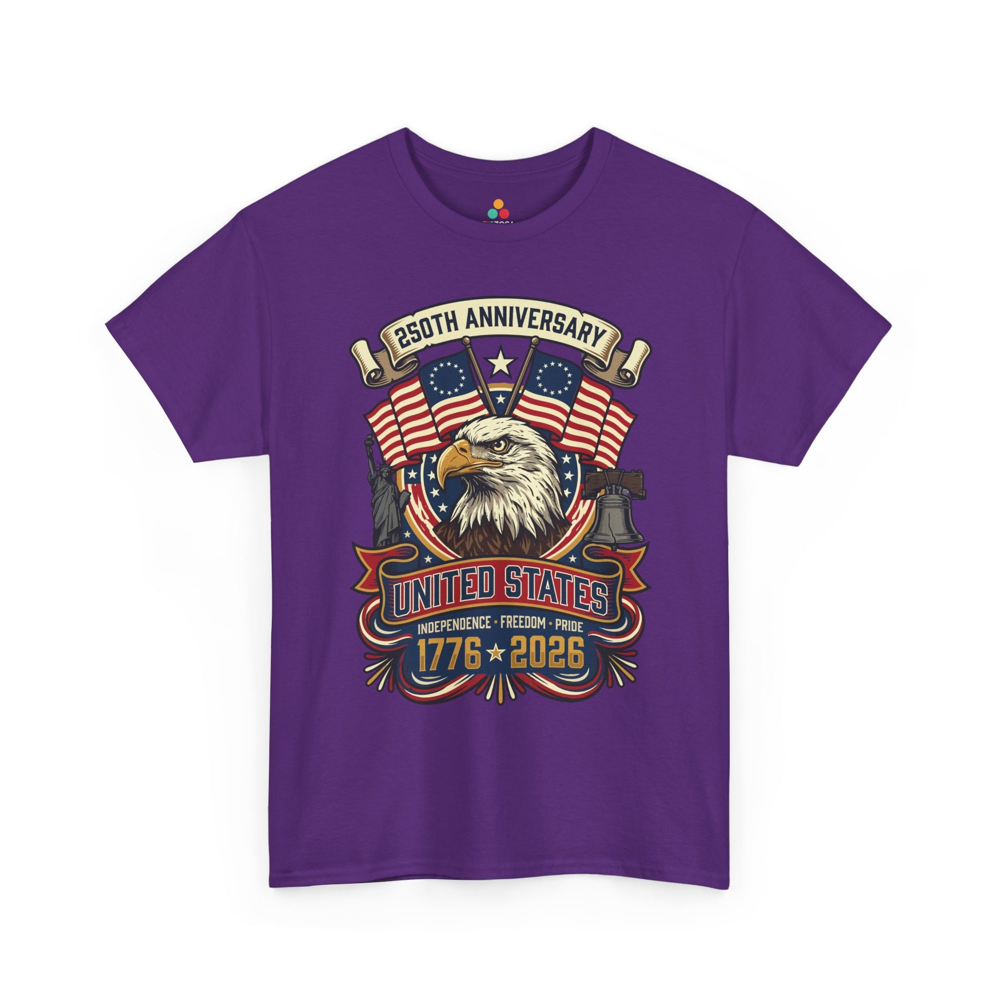 TEEZOCA t-shirt for Semiquincentennial celebrations with liberty bell shirt artwork, Betsy Ross flags, and American pride message.
