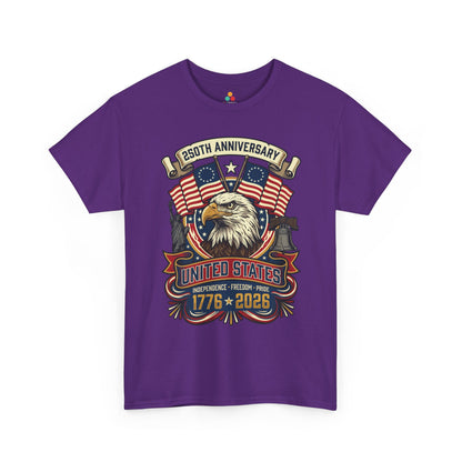 TEEZOCA t-shirt for Semiquincentennial celebrations with liberty bell shirt artwork, Betsy Ross flags, and American pride message.

