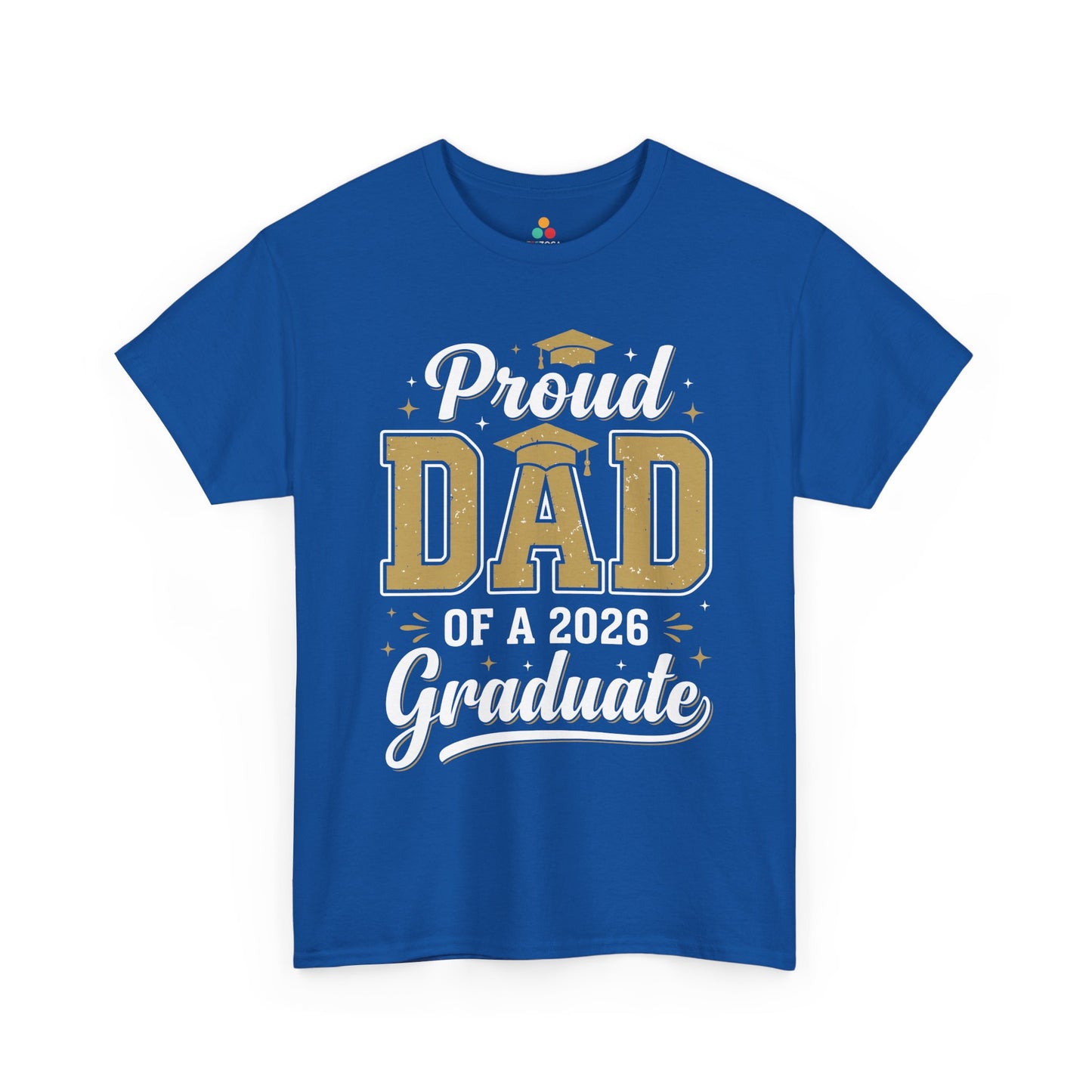 TEEZOCA t-shirt for father of the graduate shirt buyers, featuring bold gold DAD text and graduation cap artwork.
