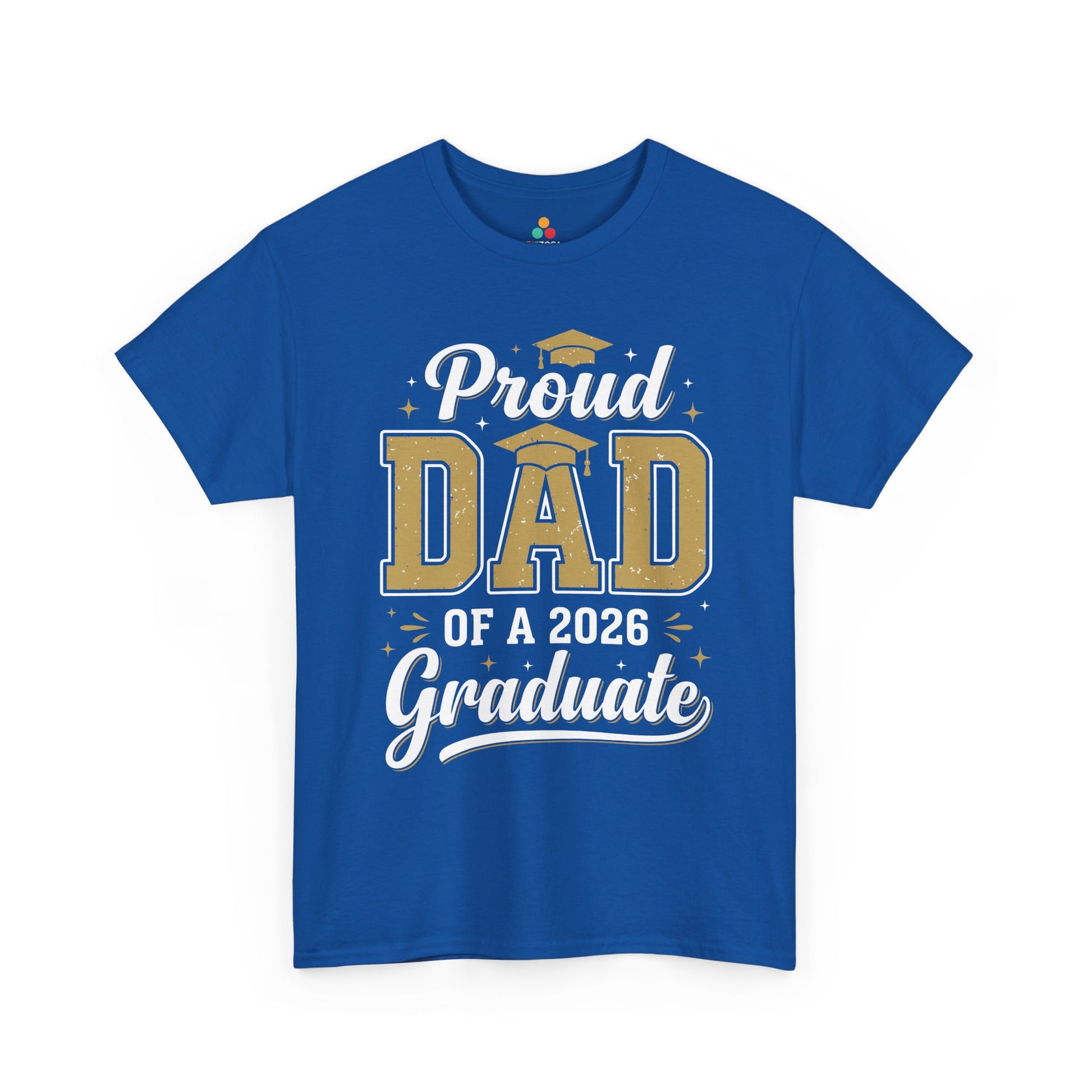 TEEZOCA t-shirt for father of the graduate shirt buyers, featuring bold gold DAD text and graduation cap artwork.
