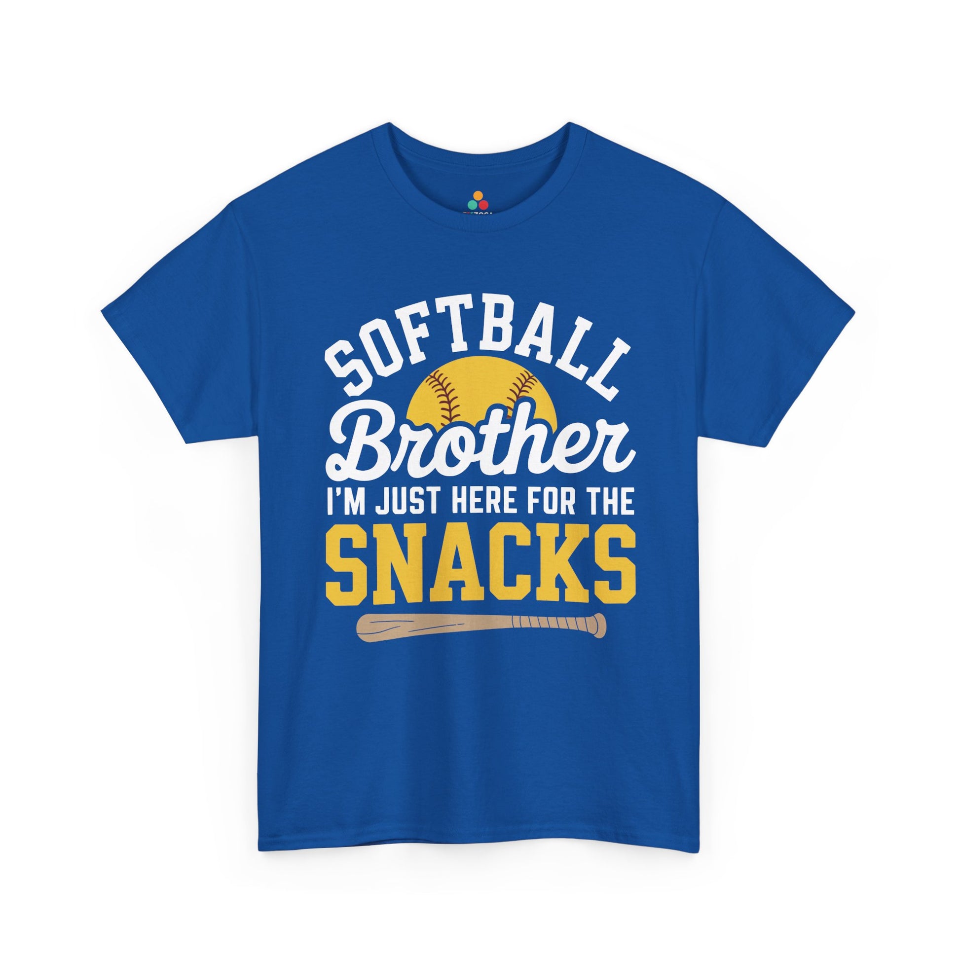 TEEZOCA t-shirt for little brother softball shirt shoppers featuring a softball graphic and funny snacks message.
