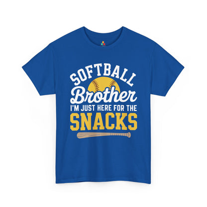 TEEZOCA t-shirt for little brother softball shirt shoppers featuring a softball graphic and funny snacks message.
