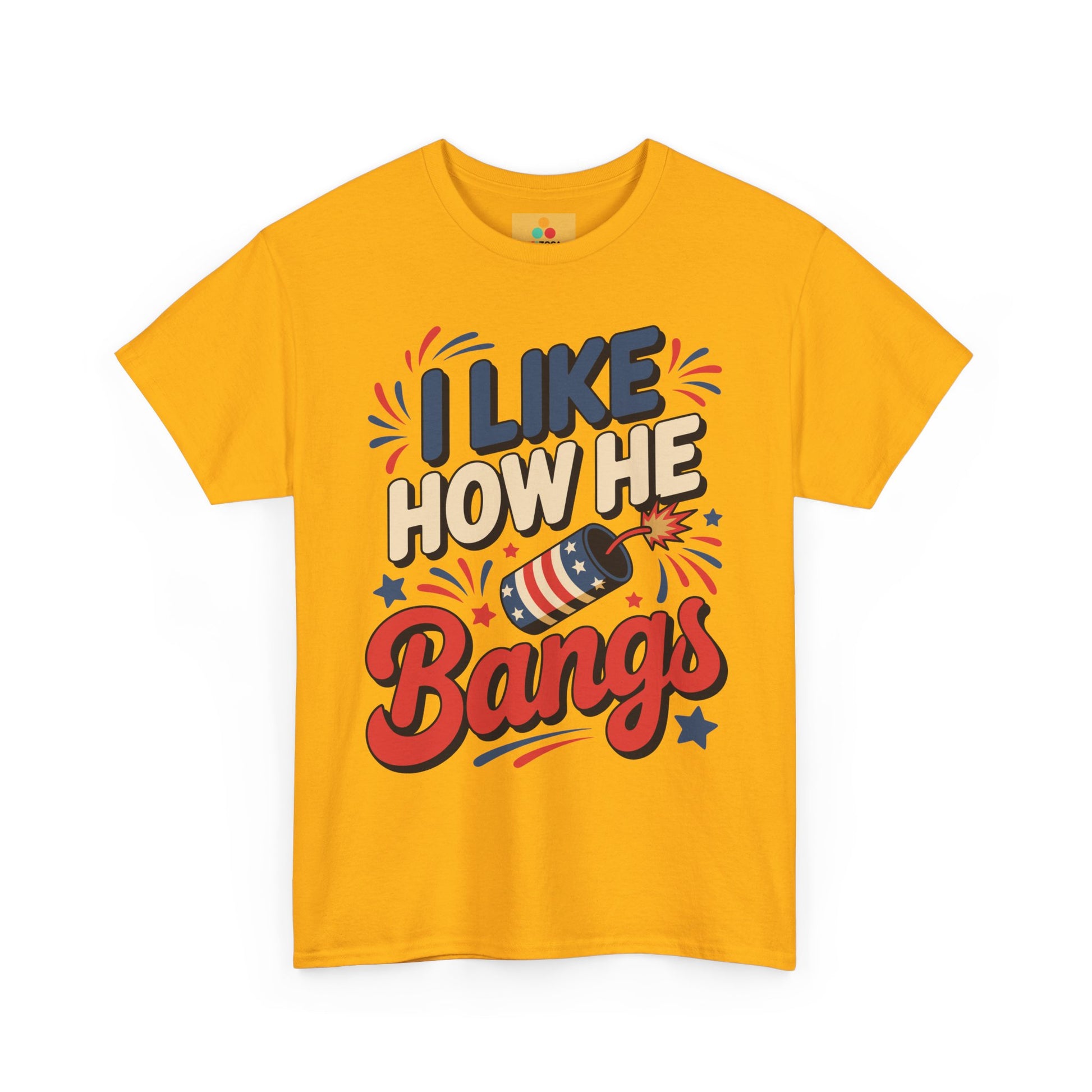 TEEZOCA t-shirt for matching 4th of july shirts with I Like How He Bangs phrase, striped rocket, and playful patriotic details.
