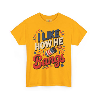TEEZOCA t-shirt for matching 4th of july shirts with I Like How He Bangs phrase, striped rocket, and playful patriotic details.
