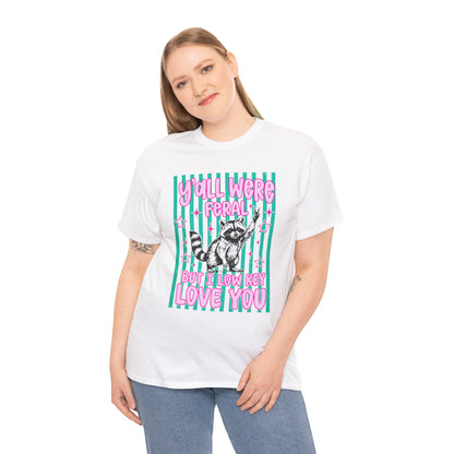 TEEZOCA t-shirt for teacher appreciation shirt shoppers with cute raccoon artwork and feral kids teacher humor.
