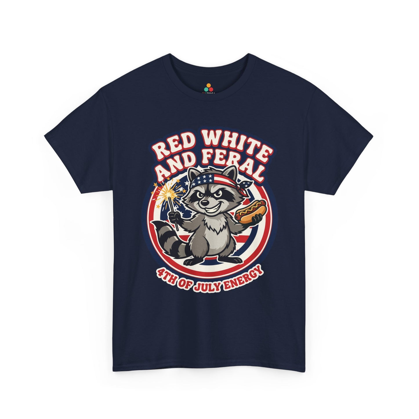 TEEZOCA t-shirt image for Fourth of July Shirts shoppers, featuring a playful raccoon, hot dog, sparkler, and Red White and Feral slogan.
