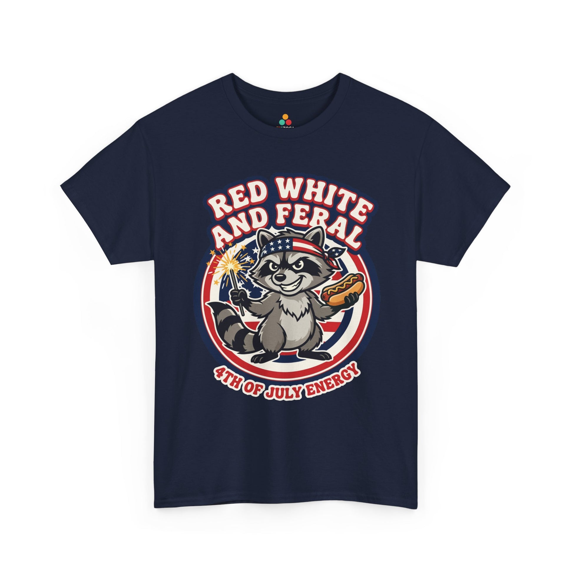 TEEZOCA t-shirt image for Fourth of July Shirts shoppers, featuring a playful raccoon, hot dog, sparkler, and Red White and Feral slogan.
