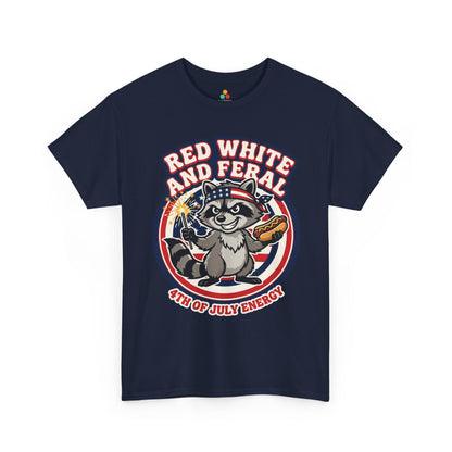 TEEZOCA t-shirt image for Fourth of July Shirts shoppers, featuring a playful raccoon, hot dog, sparkler, and Red White and Feral slogan.
