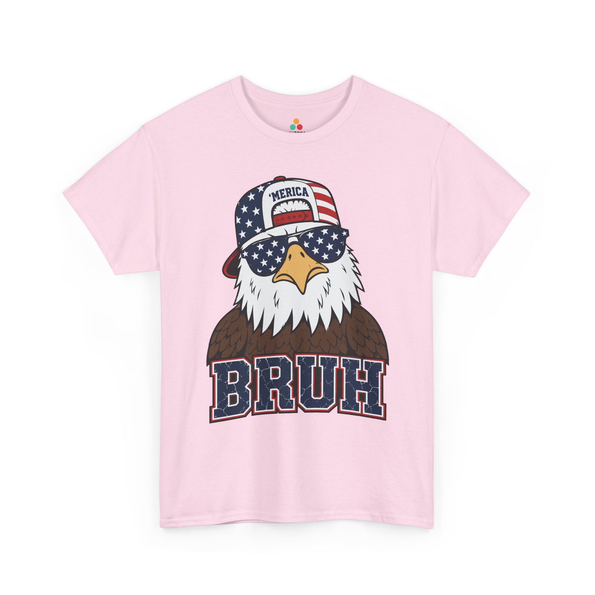 TEEZOCA t-shirt showing a bruh eagle shirt design with a bald eagle meme look, flag sunglasses, and red white and blue lettering.
