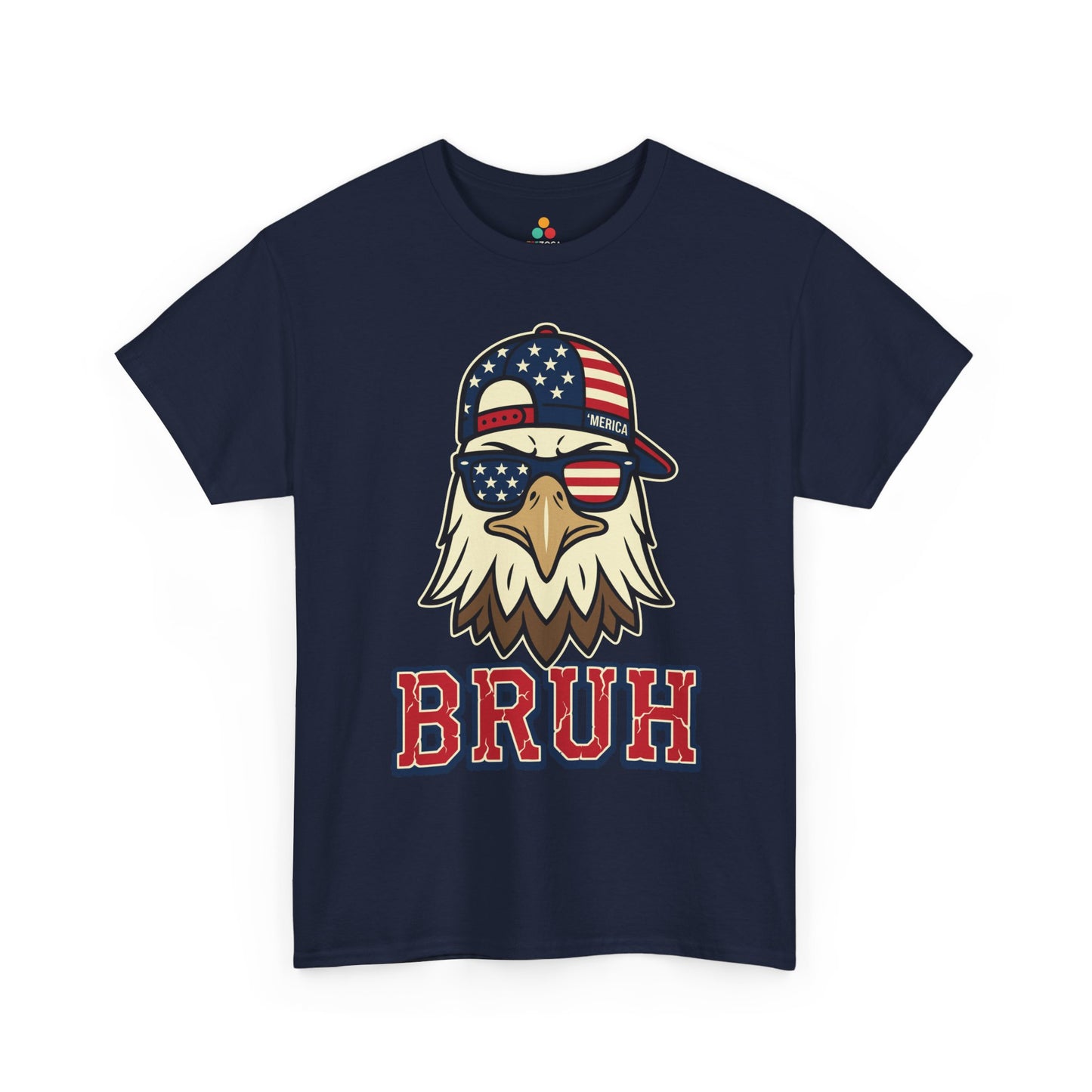 TEEZOCA t-shirt showing a bruh eagle shirt design with meme-style patriotic humor and red, white, and blue details.
