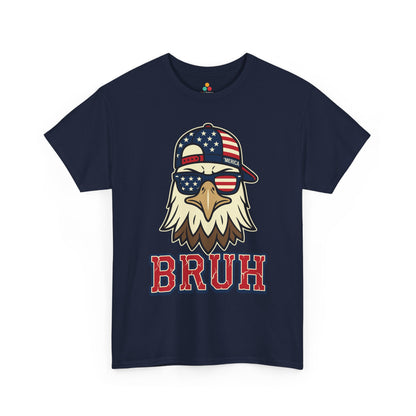 TEEZOCA t-shirt showing a bruh eagle shirt design with meme-style patriotic humor and red, white, and blue details.
