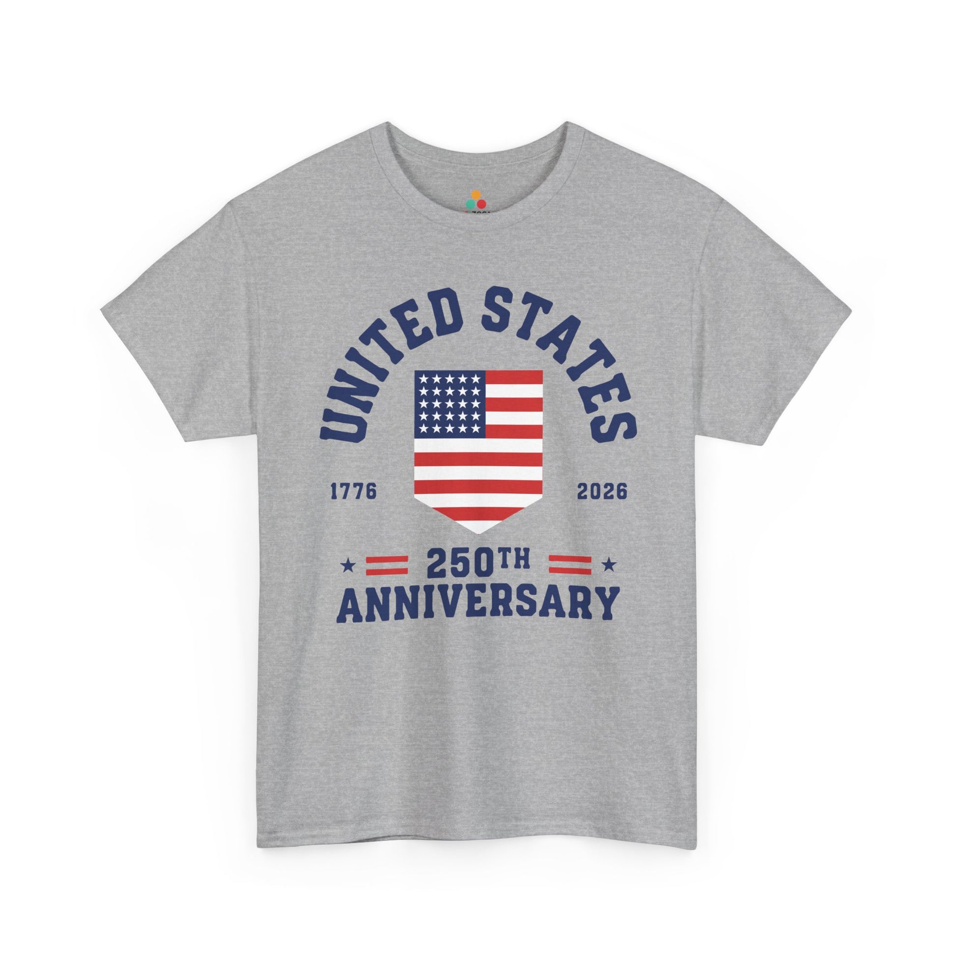 TEEZOCA t-shirt showing the USA 250 Shirt design with United States text, a simple American flag, 1776, 2026, and 250th Anniversary lettering.
