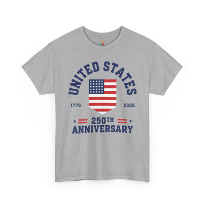 TEEZOCA t-shirt showing the USA 250 Shirt design with United States text, a simple American flag, 1776, 2026, and 250th Anniversary lettering.
