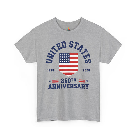 TEEZOCA t-shirt showing the USA 250 Shirt design with United States text, a simple American flag, 1776, 2026, and 250th Anniversary lettering.
