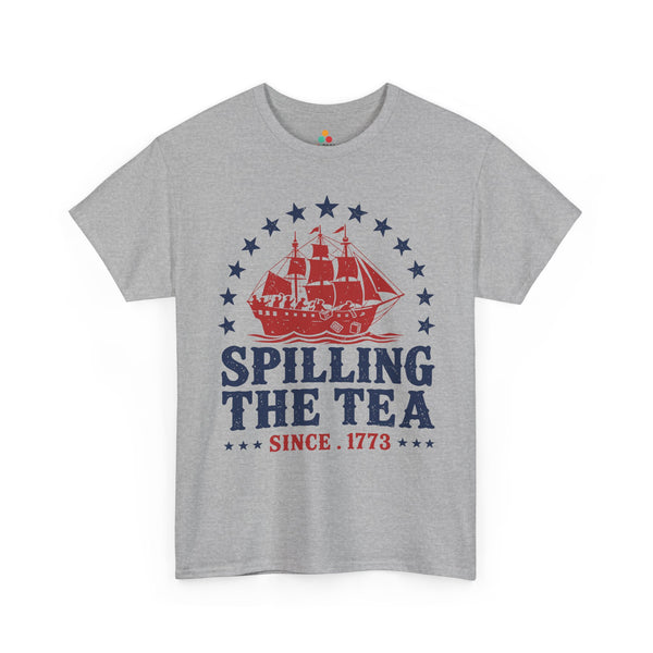 TEEZOCA t-shirt styled as an Independence Day shirt with red ship graphics tea crates waves and distressed patriotic lettering
