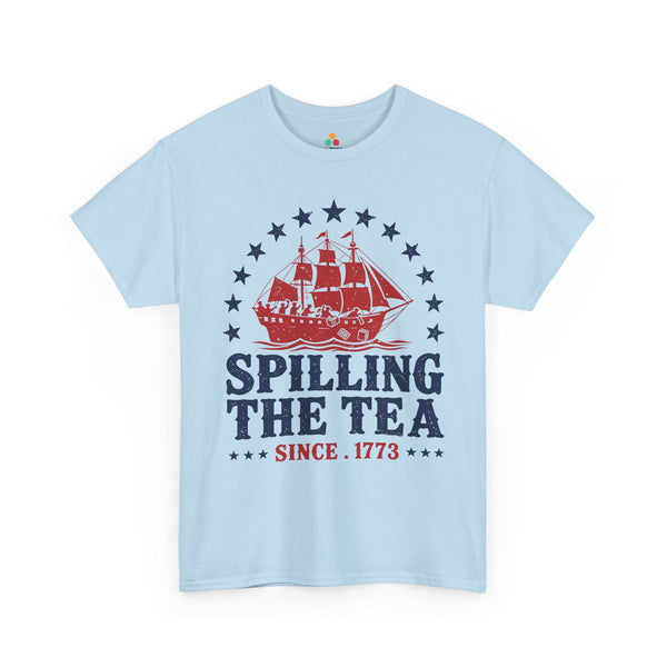 TEEZOCA t-shirt with 4th of July graphic tee styling Boston Tea Party artwork stars waves and oversized navy text