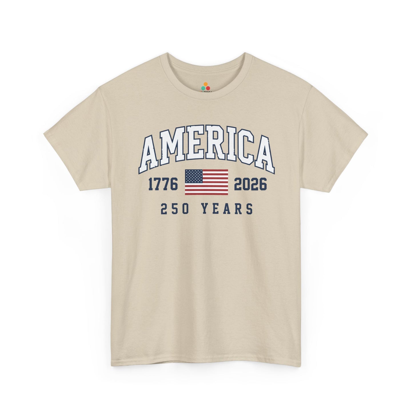 TEEZOCA t-shirt with a 4th of July shirt design showing America text, a USA flag, and 250 years milestone lettering.
