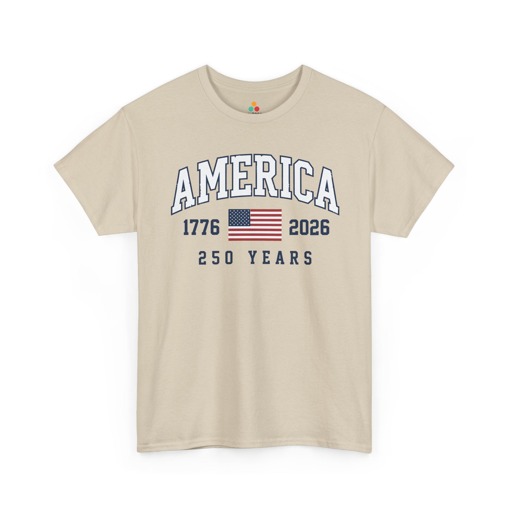 TEEZOCA t-shirt with a 4th of July shirt design showing America text, a USA flag, and 250 years milestone lettering.
