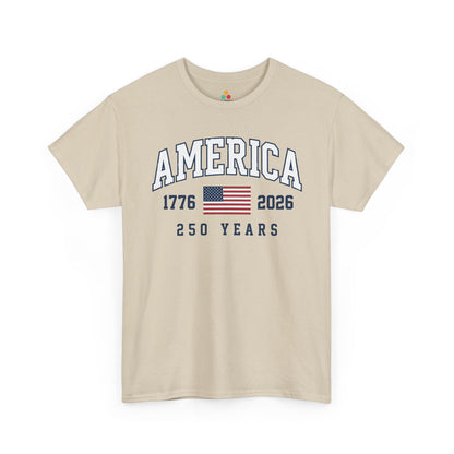 TEEZOCA t-shirt with a 4th of July shirt design showing America text, a USA flag, and 250 years milestone lettering.
