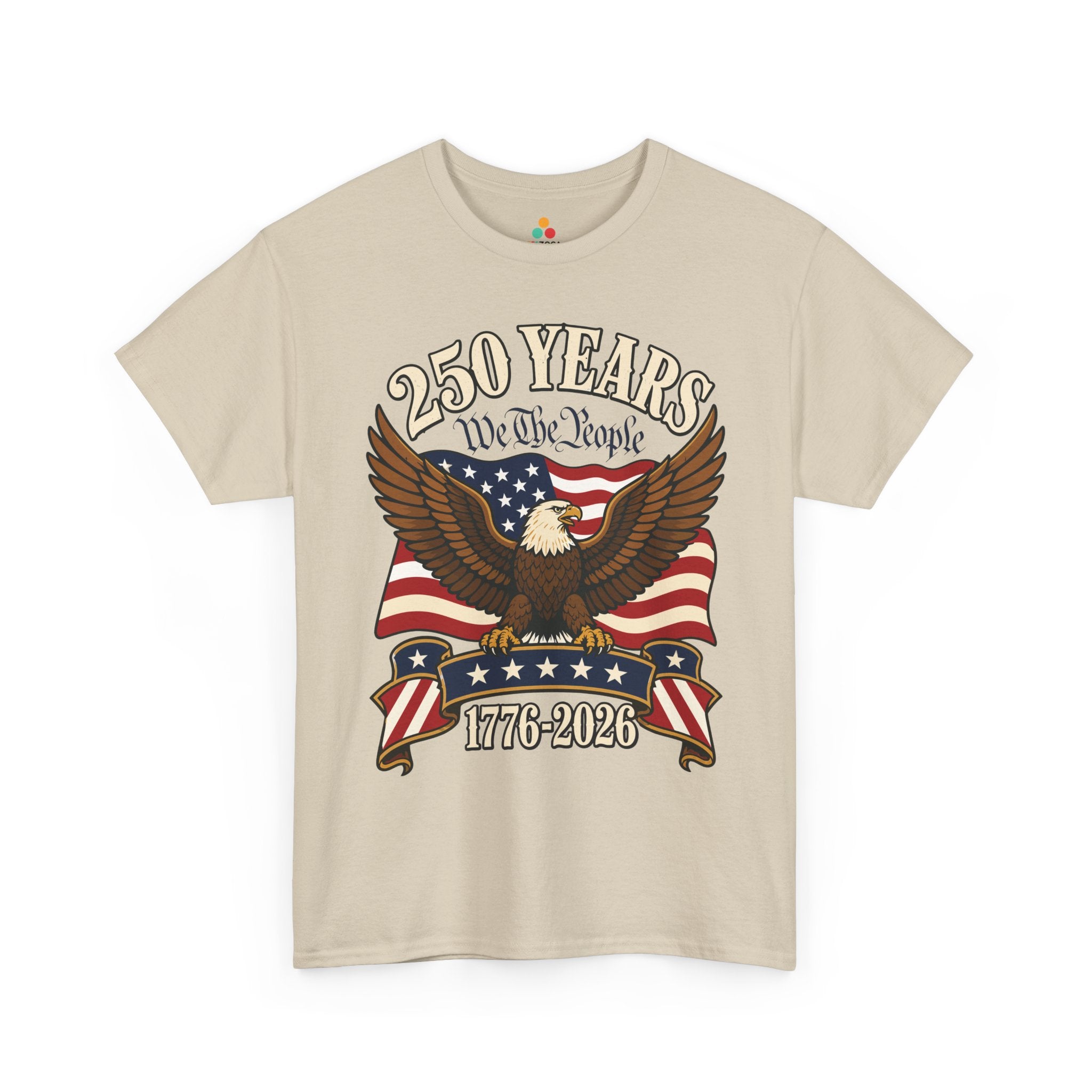 TEEZOCA t-shirt with a Bald Eagle American Flag Shirt design Constitution-style text and 250th anniversary message.