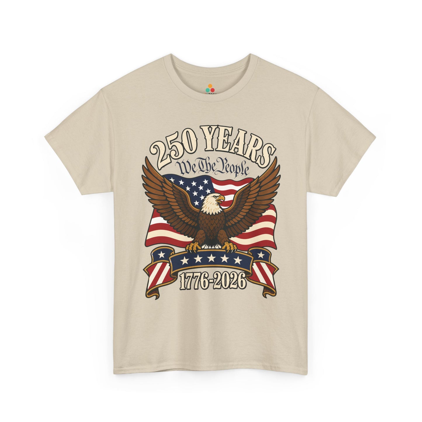TEEZOCA t-shirt with a Bald Eagle American Flag Shirt design, Constitution-style text, and 250th anniversary message.
