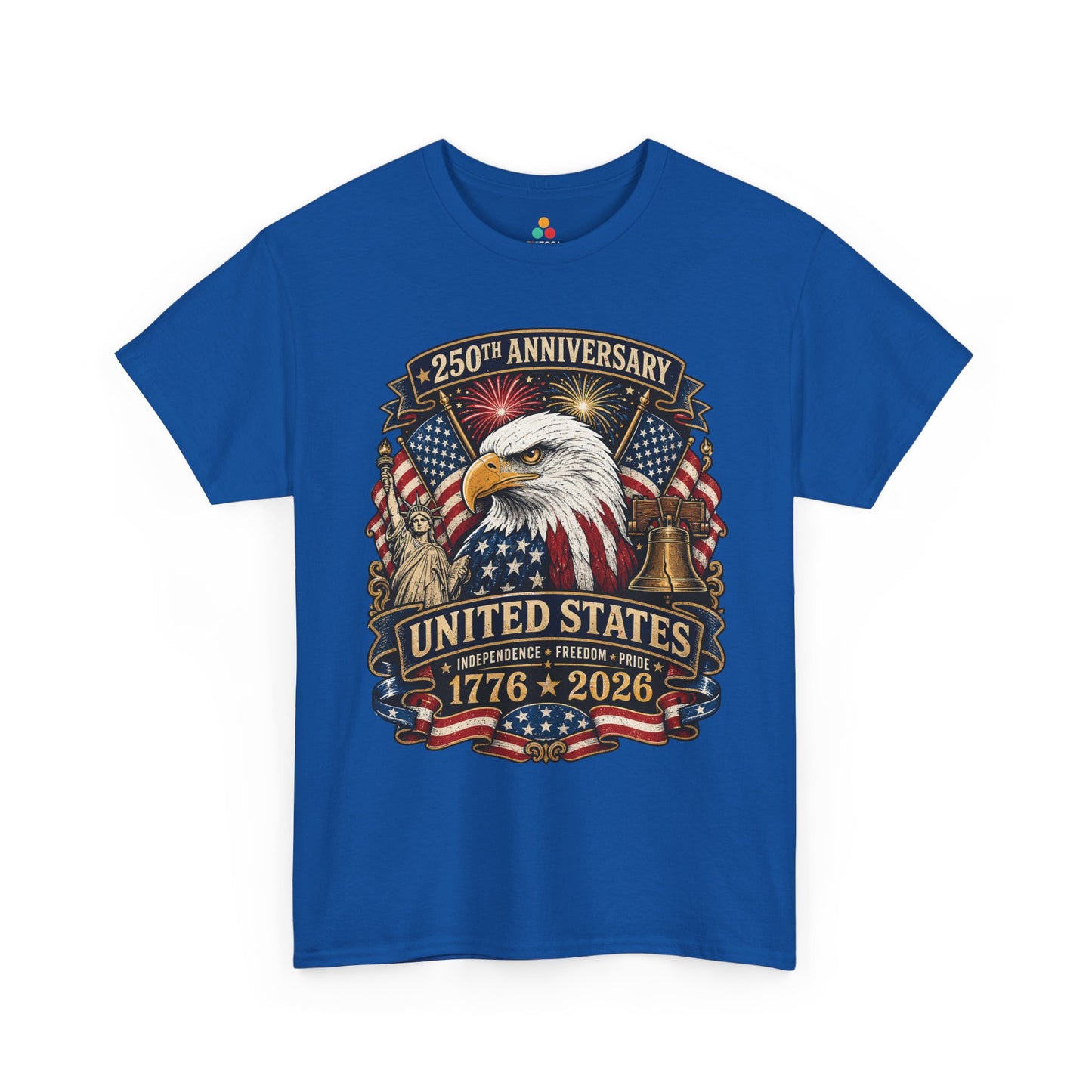 TEEZOCA t-shirt with bald eagle american flag shirt artwork, Lady Liberty, Liberty Bell, and bold United States anniversary text.
