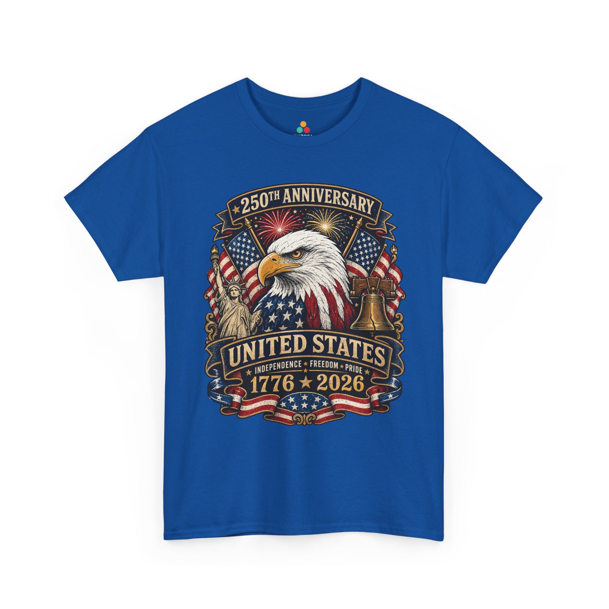 TEEZOCA t-shirt with bald eagle american flag shirt artwork, Lady Liberty, Liberty Bell, and bold United States anniversary text.
