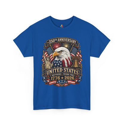 TEEZOCA t-shirt with bald eagle american flag shirt artwork, Lady Liberty, Liberty Bell, and bold United States anniversary text.
