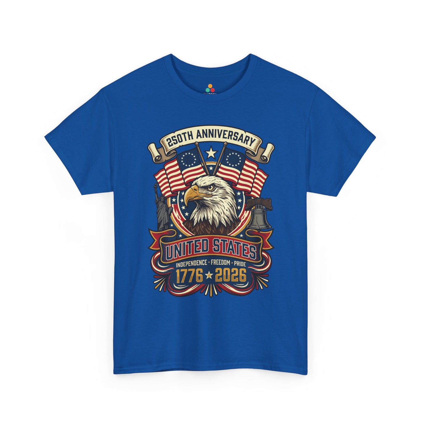 TEEZOCA t-shirt with betsy ross flag shirt design, crossed colonial flags, patriotic stars, eagle portrait, and United States banner.
