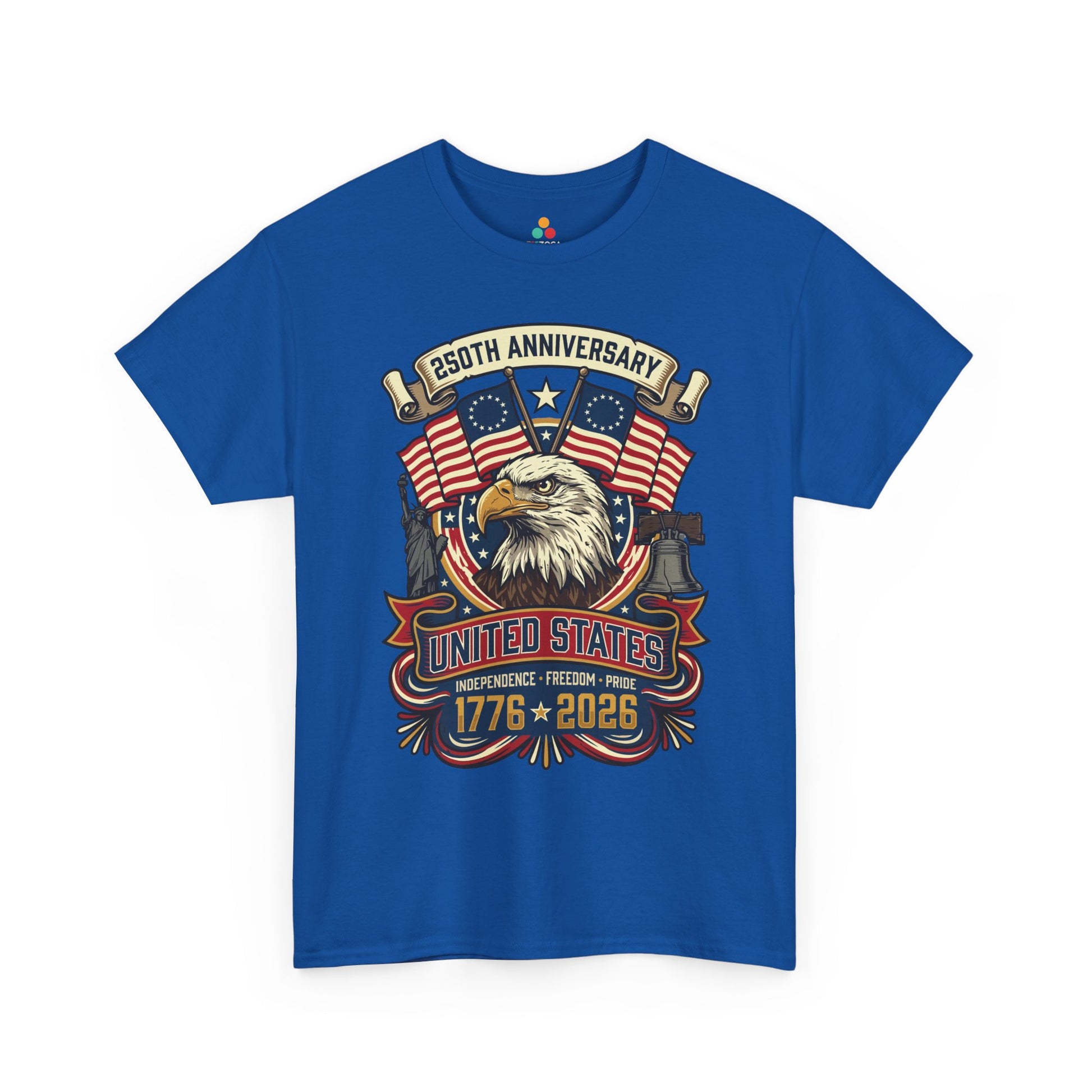 TEEZOCA t-shirt with betsy ross flag shirt design, crossed colonial flags, patriotic stars, eagle portrait, and United States banner.
