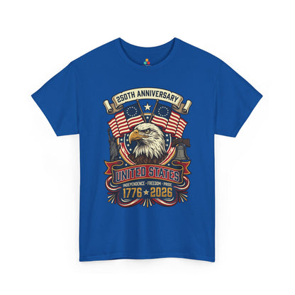 TEEZOCA t-shirt with betsy ross flag shirt design, crossed colonial flags, patriotic stars, eagle portrait, and United States banner.
